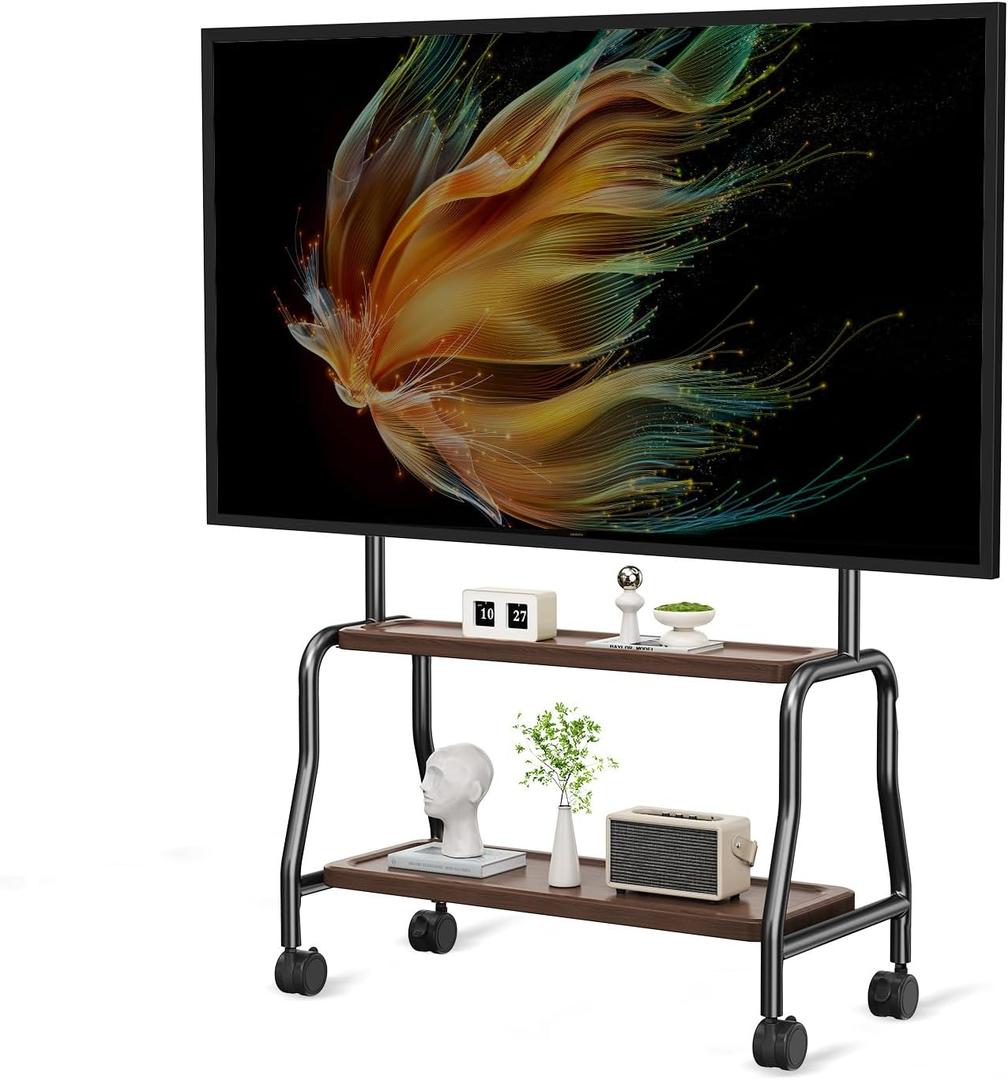 Easel Rolling TV Stand with Wheels for 32-75 Inch TVs, Decorative Mobile TV Cart with Double Wood Shelves, Portable Floor TV Stand for Living Room Office Classroom, VESA 600x400, 110 lbs
