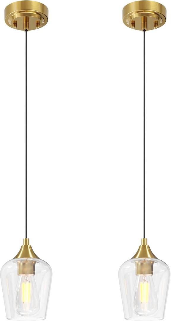 VONLUCE Pendant Lights Kitchen Island, Brushed Gold Pendant Light Fixtures with E26 Base & Adjustable Cable, Modern Pendant Lighting with Glass Shade for Living Room Bedroom Hallway, 2 Packs