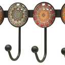 Coat Rack Wall Mounted with 4 Hooks, Round Brown Pattern Decorative Wall Hooks for Hanging Hat, Key, Towel, Purse, Bag and Robe, for Entryway Bathroom Organizer Hanger