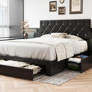VECELO Full Size Bed Frame with 3 Storage Drawers, Leather Upholstered with Diamond Tufted Headboard, Solid Wood Slat Support & Steel Framework, Black, One Size