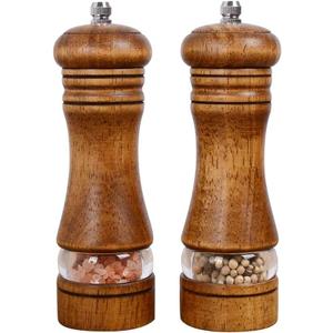 Haomacro Wood Salt and Pepper Grinder Mills Set, Classic Manual Pepper Grinder Salt Grinder Refillable Pepper Mill Sets with Acrylic Visible Window Adjustable Ceramic Grinding Rotor 6.5inch 2 Pack