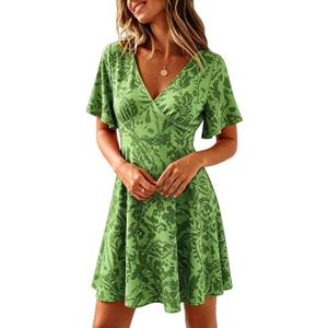 Casual Summer Dresses for Women Short Sleeve V Neck A Line Floral Mini Dress Flowy Beach Vacation Sundresses 2026 (L)