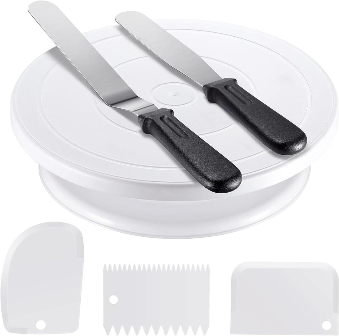 Kootek Cake Decorating Kit Baking Supplies Set Cake Turntable with 2 Frosting Straight Angled Spatula 3 Icing Smoother Scrapers Baking Accessories Tools for Beginners and Pros, White