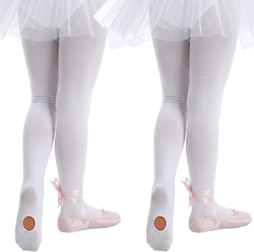 2 Pairs Tights for Girls, Ultra Soft Ballet Tights White Footless Dance Leggings Transition Tight for Kids (White, M)