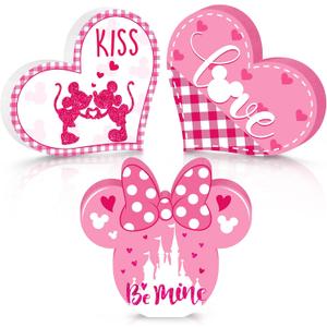 3 Pieces Valentine's Day Mouse Table Signs, Heart Shape Wood Love Sign Decor, Be Mine Romantic Sweet Home Centerpiece Freestanding Wooden Table Decoration for Wedding Anniversary Party Pink