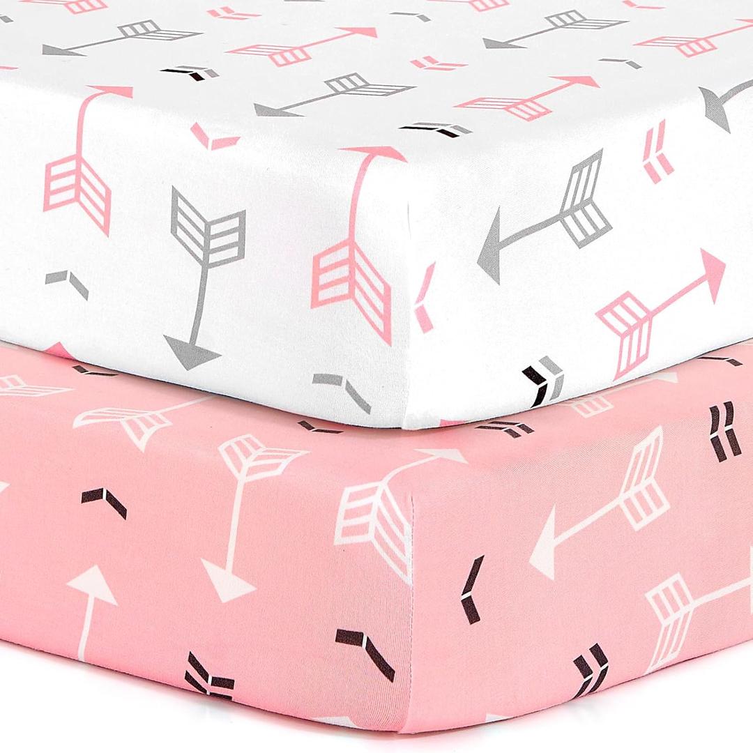 Stretchy Fitted Pack n Play Playard Sheet Set BROLEX 2 Pack Portable Mini Crib Sheets,Convertible Playard Mattress Cover,Ultra Soft Material,Pink White Arrow