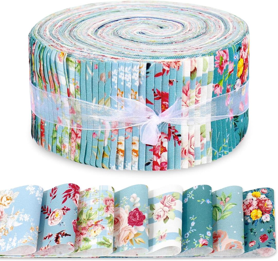 FYSUIMU 40Pcs Floral Cotton Fabric Strips Watercolor Rose Fabric Bundles Green Blue Flower Quilting Patchwork for DIY Sewing Craft Decor, 2.6 x 39.4 Inch