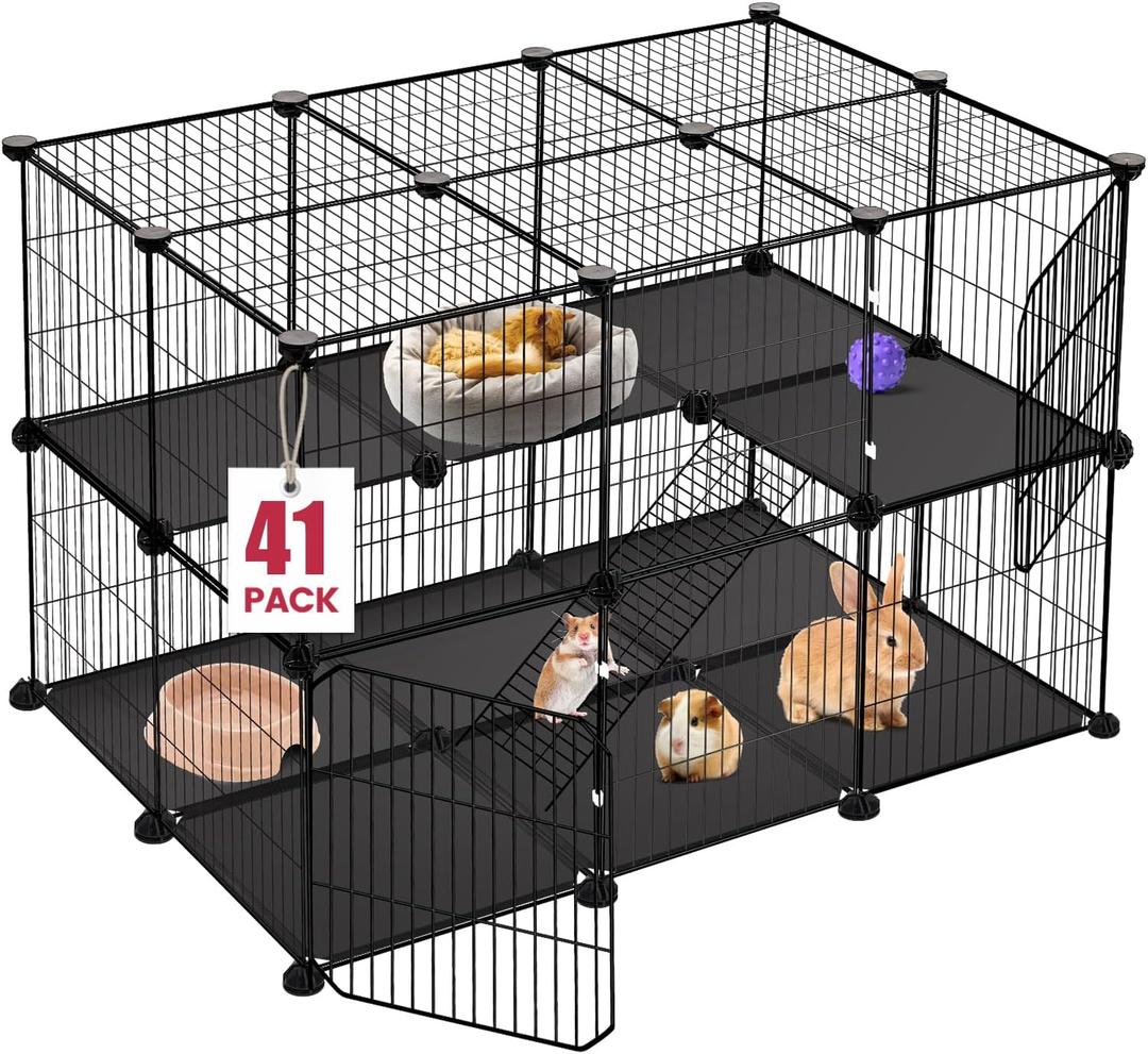 41 Panels Pet Playpen, Small Animal Playpen with 2 Doors, C&C Cage for Guinea Pigs, Rabbit, Bunny, Chicken, Hedgehogs, Puppy Play Pen Indoor Outdoor, Two-Story Metal Chicken Play Pen