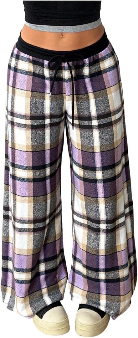 SOLY HUX Women's Plaid Checkered Pants Flannel Pajama Pants Lounge Wide Leg Baggy Sweatpants with Pockets (Violet Purple Plaid)