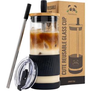 Pandaloo Glass Cups With Lids and Straws -20 Fl Oz- Perfect Size Iced Coffee Cup - Smoothie Cup With Bamboo Lid and On the go Lid - Glass Tumbler With Straw (1 Count (Pack of 1), Black Saphir)
