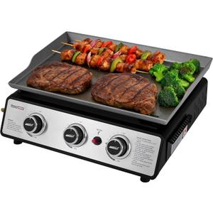 Royal Gourmet PD1301S Portable 3-Burner Tabletop Gas Griddle, 25,500 BTU Cooking Power, 304 Sq. In. Cooking Surface, Ideal for Camping & Tailgating, Black & Silver