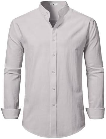 DELCARINO Mens Linen Band Collar Beach Shirts Casual Button Down Solid Plain Long Sleeve Hawaiian Shirts M