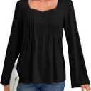 Umenlele Women's Pleated Front Sweetheart Neck Long Sleeve Casual Loose Tunic Tops Blouse Pink Small (S)