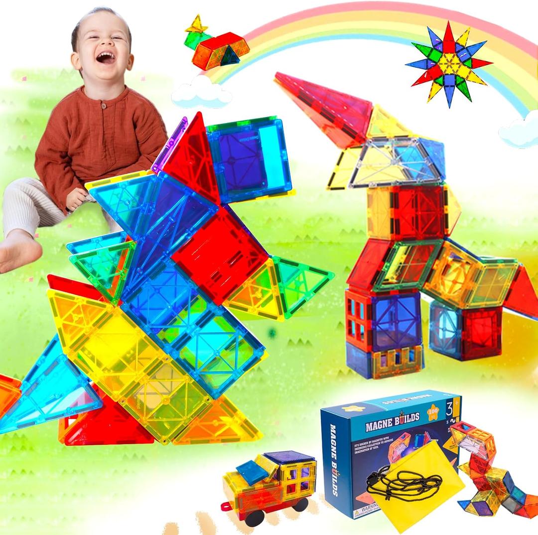 HAS Happiness and Surprise 100 pcs Magnetic Tiles,Dinosaurs Magnetic Tiles Building Blocks with Storage Drawing Bag,3D Magnet Puzzles Toys for Preschool