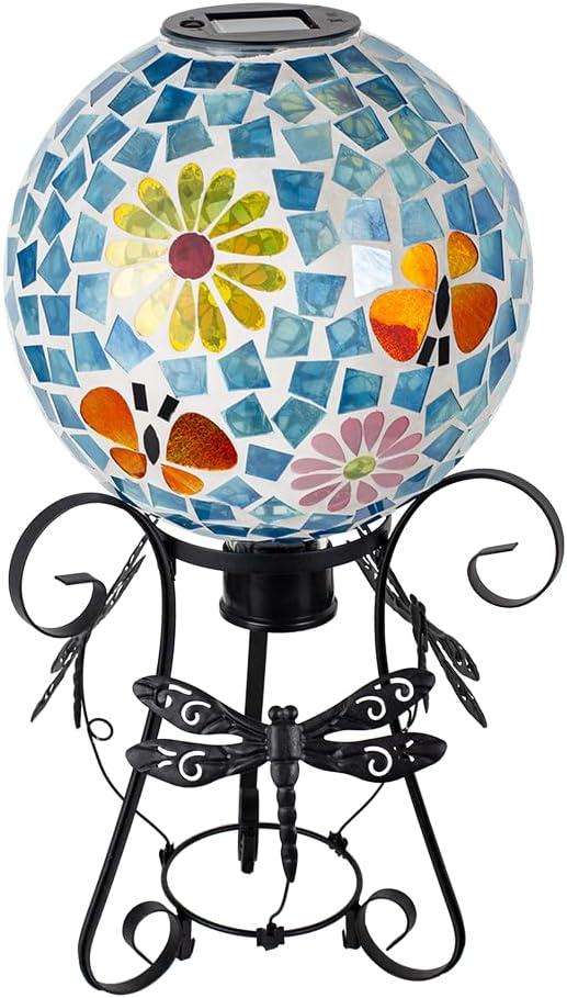 Stargarden Solar Gazing Ball, 10Glass Gazing Globe, Mosaic Gazing Balls with Metal Ball Stand for Patio, Lawn, Garden Decor