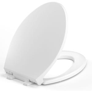 Elongated Toilet Seat, 18.5 Soft/Slow Close Oval (Oblong) Toilet Seat for Elongated Toilets, No-Slam Quiet-Close Lid, Easy-to-Install & Clean, Durable Never-Loosen White Plastic Seat