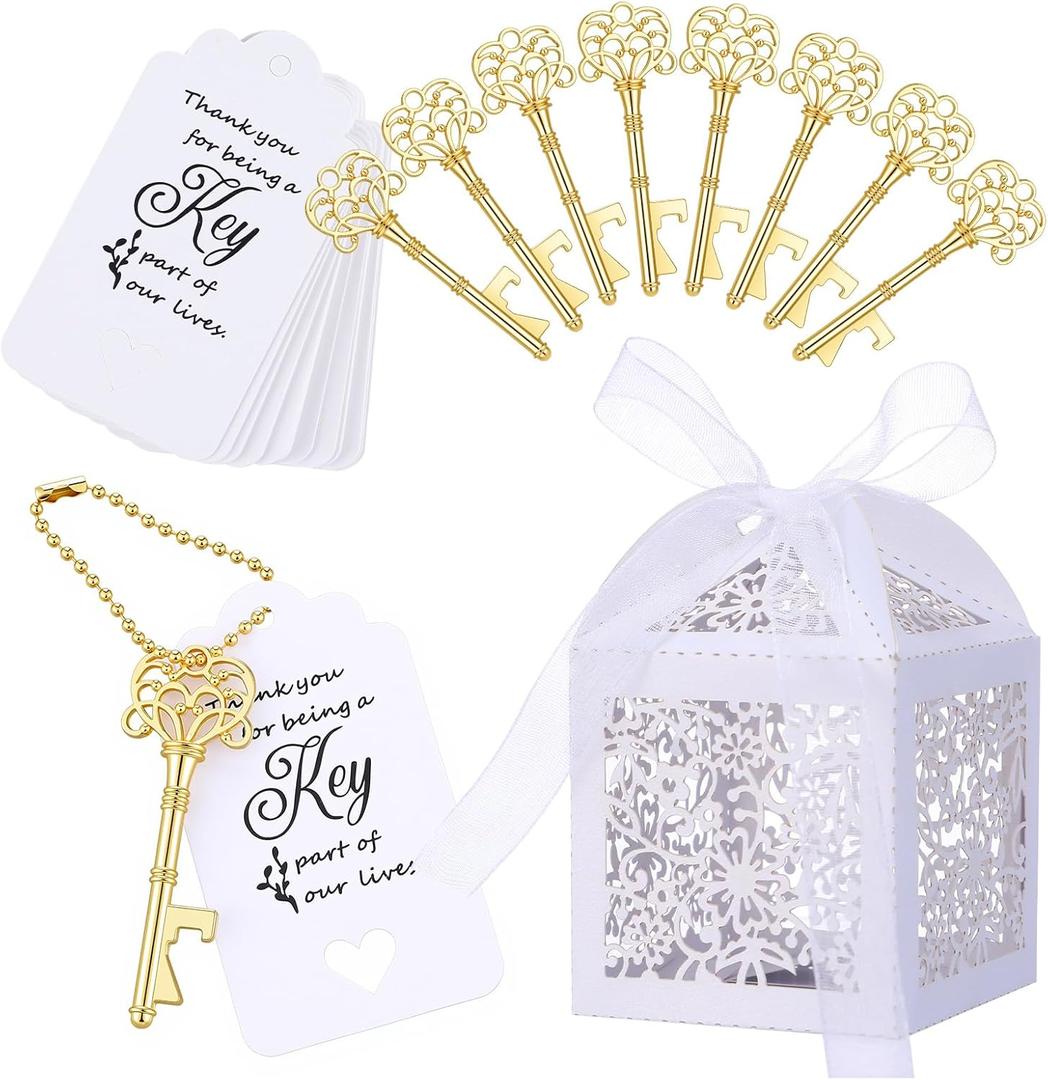 100 Pcs Wedding Candy Boxes Sets 50 White Laser Cut Favor Boxes 50 Skeleton Key Bottle Opener with Tags Cards and Ribbon White Lace Candy Box Favor for Bridal Shower Birthday Party