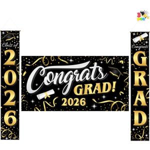 JOYIN 3 Pcs Graduation Decorations Class of 2026, Large Graduation Banners Set, Gold & Black Congrats Grad Party Backdrop and Banner Hanging Porch Supplies for College Graduation Indoor/Outdoor Decor