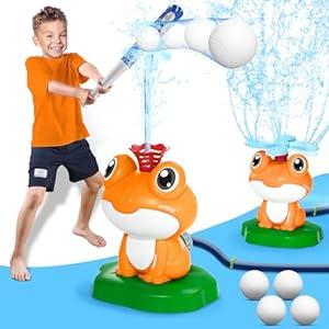 2-in-1 Water Sprinkler Baseball Toy for Kids Outdoor Play, 360° Rotating Spray and 2 Sprinkler Heads for Splashing and T-Ball Games, Summer Backyard Lawn Activities for Toddler Ages 3+ (Orange)