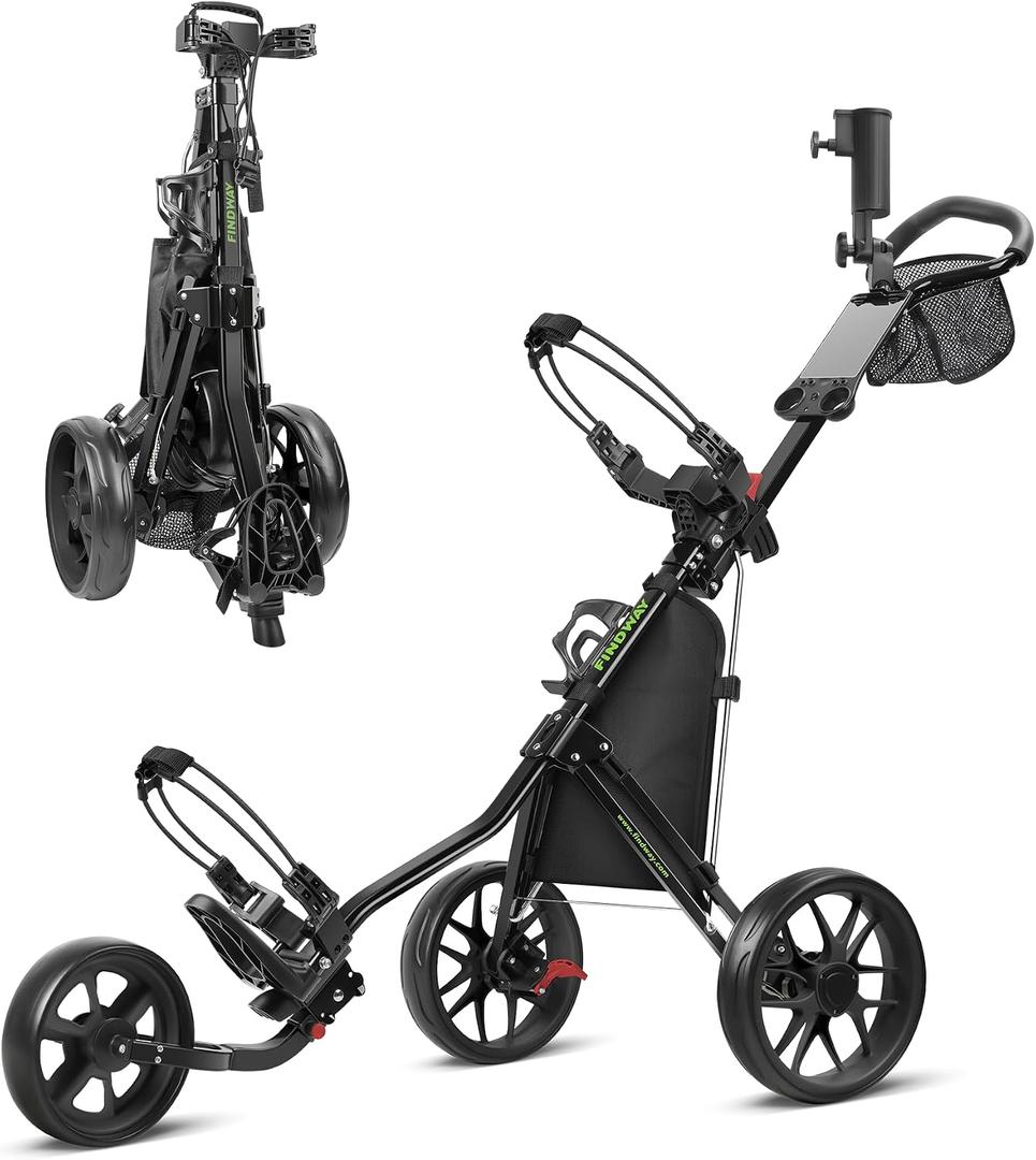 findway Golf Push Cart 3 Wheel, Lightweight & Compact Fold Golf Bag Cart, Golf Caddy Push Carts with Foot Brake, Adjustable Handle, Mesh Bag, Storage Bag, Umbrella & Drink Holder