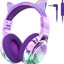 QearFun Kids Cat Ear Headphones Wired with Mic, 85/94dB Safe Volume Limit, Sparkly Wired Headset, Foldable, Sharing Port & Tangle-Free Cord for School, Chromebook, Tablet, Travel, Boys & Girls