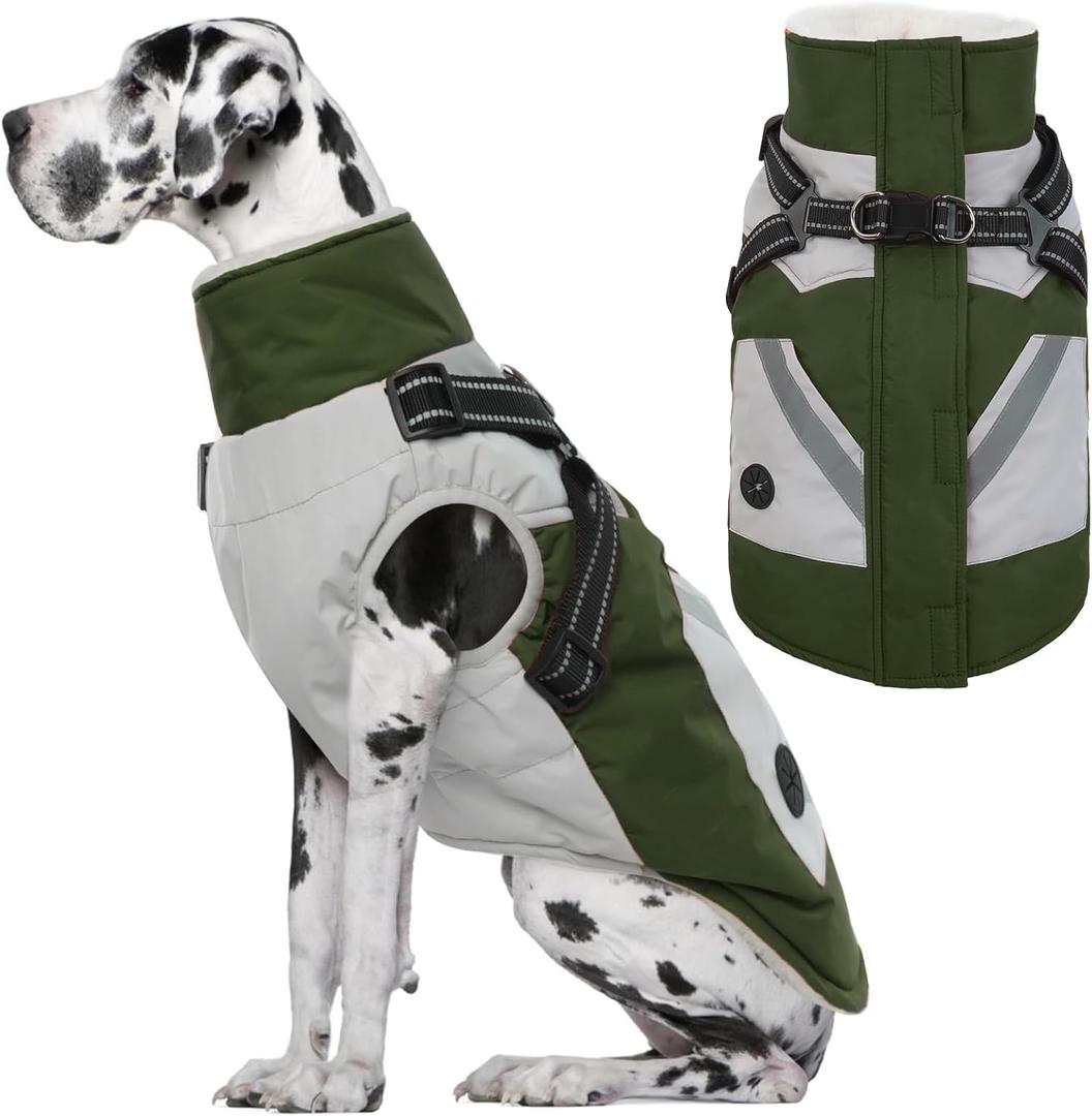 IECOii Large Dog Coat with Harness Built in, Reflective Waterproof Dog Coat for Giant Breeds - Zip Up Fleece Jacket for Dogs, Great Dane Winter Coats Warm Snowsuit for Cold Weather, Green, 4XL (XXXX-Large(Chest:47.24 in))