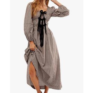 ABYOVRT Women Plaid Maxi Dress Long Puff Sleeve Square Neck Flowy Boho Dress Bow Tie Smocked Fall Dresses, Size Small