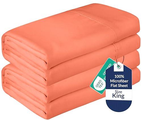 Royale Linens 2 Pack Bulk Flat Sheet Set - Top Sheets - Soft 1800 Microfiber - Wrinkle & Stain Resistant - for Hotel, Massage Table, Hospital, Dorm - King Flat Sheet Sold Separately (King, Coral)