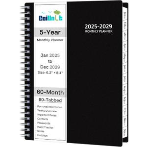 Monthly Planner 2025-2029, 5-Year Calendar Planner 2025-2029, Jan 2025  Dec 2029, 6.2 x 8.4 In, Ruled Spread, Flexible Cover, Spiral Wirebound, Pocket, 60 Coated Monthly Tabs, Notes  Habit Tracker