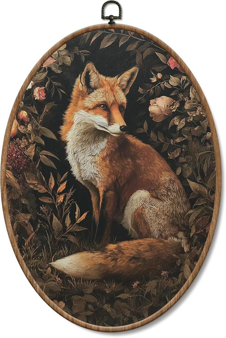 Yorhifa Vintage Moody Fox Framed Wall Art, Dark Cottagecore Oval Wall Art, Rustic Forest Wildlife Animal Oval Walls Decor, Moody Floral Botanical Fox Canvas Artwork Hanging Decor, 8.5x11.5in