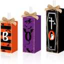 3 Pcs Boo Halloween Sign Wooden Tiered Tray Decor, Witch Black Cat Cross Coffin Table Decor 3D Carving Craft Halloween Decorations Party Tabletop Centerpieces for Home Kitchen Indoor Mantel