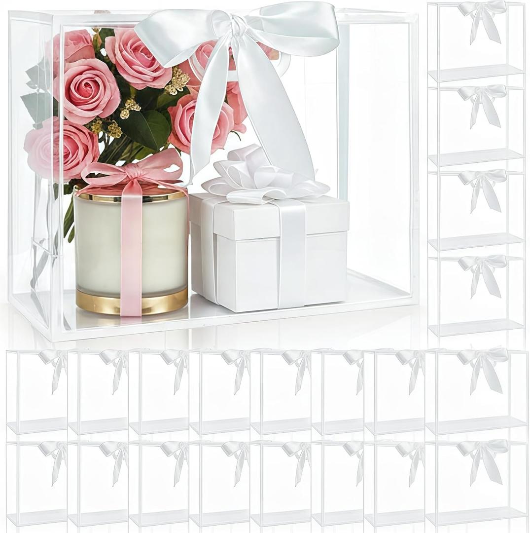 Cididu 20 Pack Clear Plastic Gift Bags with Handles, 12x10x5 Inch Reusable Goodie Flower Bag with Ribbon, Gift Packaging Bags Bulk for Thanksgiving, Christmas, Wedding, Party, Birthday, Bridal Shower