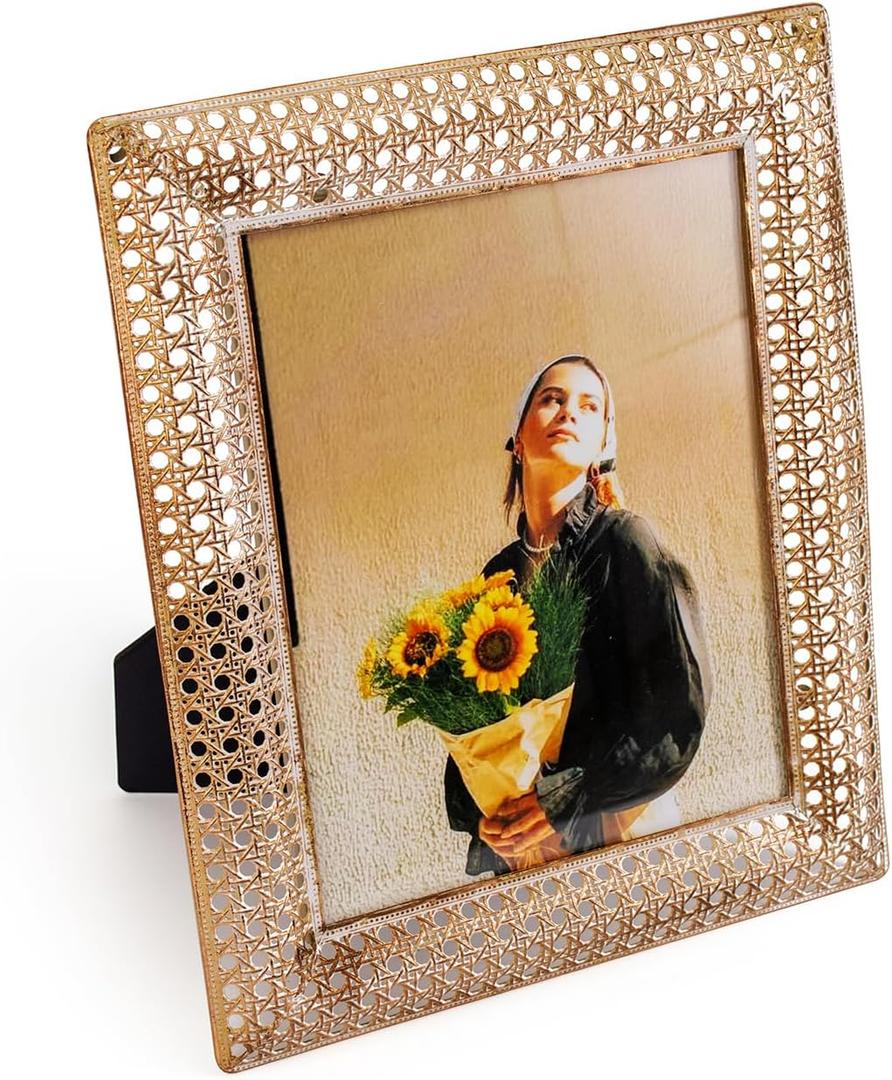 BONNY DODO Gold 8x10 Picture Frames Glass, Bamboo Decor Picture Frame Wall or Tabletop Display, Ornate Art Vintage Photo Frames for Home Office Wall Dcor (Gold Bamboo Weaving 8 * 10)