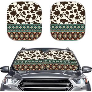 Aztec Cow Print Car Sun Shade for Windshield Foldable Sunshade Front Window Cover Sun Visor Heat and UV Rays That Keeps Vehicle Cool Universal Vehicle Accessories 28.5 x 25.5 inches