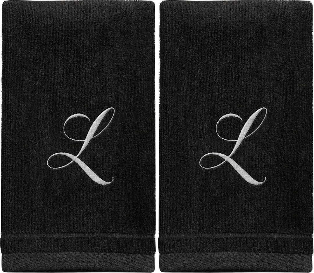 Monogrammed Towels Fingertip, Personalized Gift, 11 x 18 Inches - Set of 2 White Embroidered Towel - Extra Absorbent 100% Cotton - Soft Velour Finish - For Bathroom/ Kitchen/ Spa - Initial L (Black)