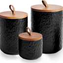 JOJUNO Black Ceramic Canister Set with Wooden Lid, 3-Piece Airtight Food Storage Jars for Kitchen Counter - Flour, Sugar, Coffee, Tea, Spice - Small, Medium, Large Sizes - Stone Texture, Black