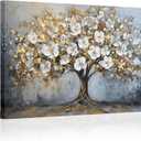 seteuret White Floral Canvas Wall Art, Gold and Gray Large Wall Decor - Abstract Home Decor for Living Room Bedroom, 16"X24"