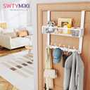 SWTYMIKI Over The Door Hook with 16 Hooks & Mesh Baskets - Heavy Duty Over The Door Organizer Hanger for Towels, Coats, Clothes - Space Saving Hanging Rack for Bathroom, Living Room, White