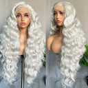 SOKU 13x6 Lace Frontal Wig 32 Inch Sliver Color Boby Wave Pre-plucked Hairline with Baby Hair Transparent Lace Heat Friendly Synthetic Light Grey Lace Front Wavy Wigs for Women Christmas Gift