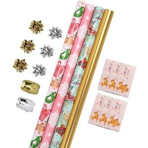 LaRibbons Christmas Wrapping Paper Set, Snowflake & Reindeer & Gingerbread Man Design with Gift Bow & Ribbons & Tags, Perfect for Christmas, Winter Party, 30 Inch X 10 Feet (4Rolls, 100 sq.ft.ttl.)
