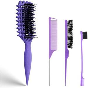Evercomb Curl Defining Brush for Curly Hair - Detangling & Styling with Lightweight Ergonomic Nylon Bristles, Enhance Curls, Reduce Frizz/Breakage for Women (4PcsPurple) Pack of 2