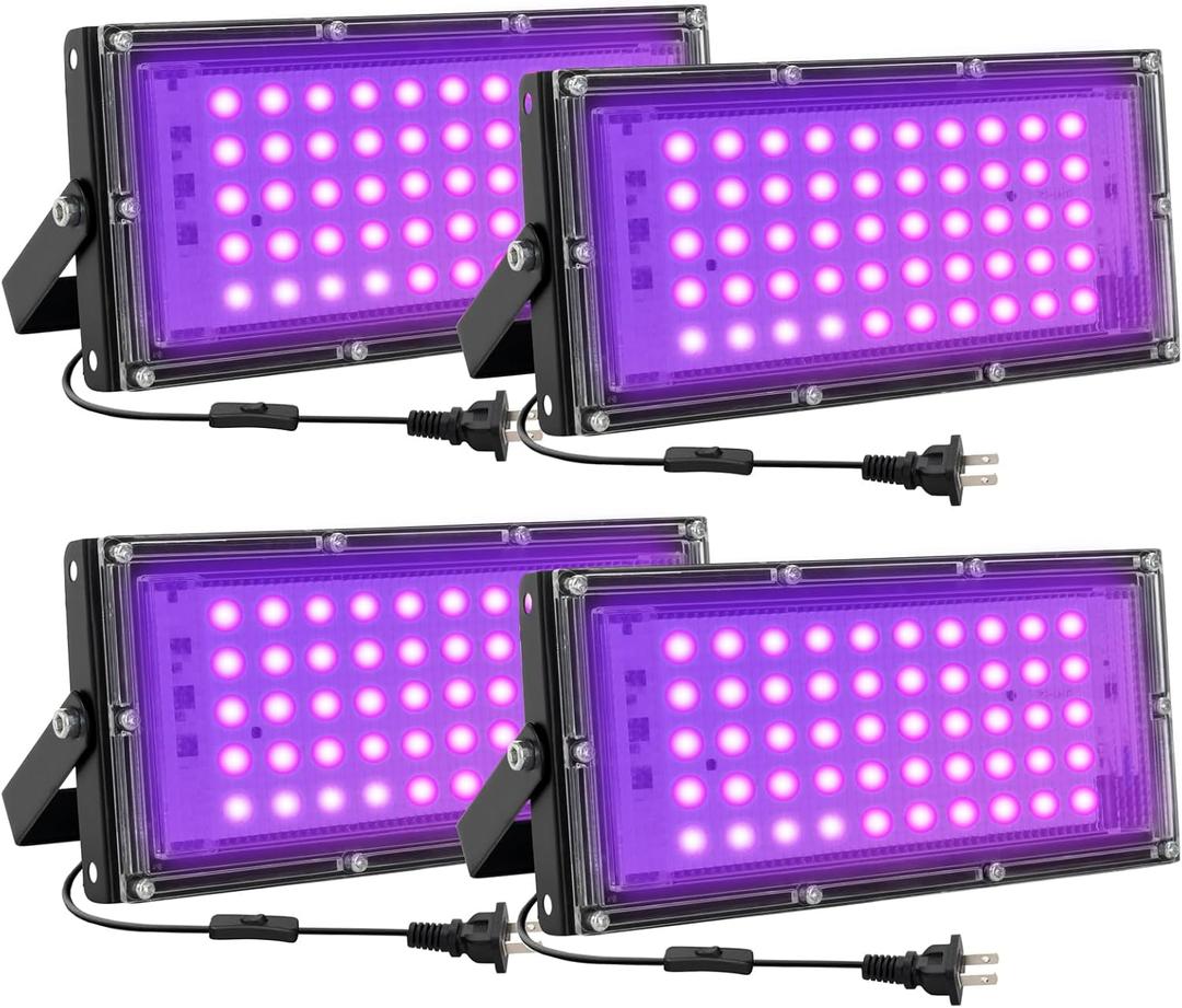 50W LED Black Lights for Glow Party, IP65 Waterproof UV Blacklight Floodlight 395nm Black Light Spotlight Purple Black Light Flood Light UV Light Lamp for Halloween Decor (4 Pack)