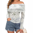 ZAFUL Women's Sexy Off The Shoulder Mesh Tops Classy Sheer Stretchy Slim Fit Shirts Party Going Out Blouse  (Large, White Floral)