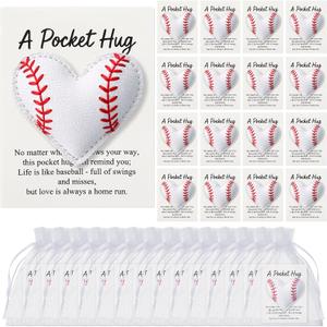 Hollowfly 12 Set Baseball Pocket Hug Heart Shape Stitching Pocket Hug with Inspirational Cards and Organza Bags Encouragement Gifts for Baseball Players Athletes Teams Sports Lovers Coaches Graduation