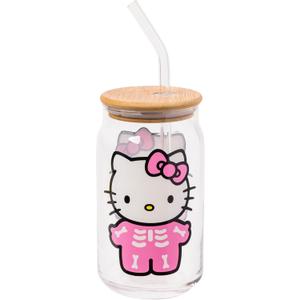 Silver Buffalo Sanrio Hello Kitty Halloween Spooky Skeleton Glass Jar Tumbler with Bamboo Lid and Glass Straw, 16 Ounces