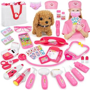 33Pcs Pet Doctor Kit for Toddlers - Dress Up Costume & Pretend Doctor Play Set with Dog Toy, Stethoscope, Pet Vet Roleplay Toys, Christmas Birthday Gifts for Ages 3 4 5 6 7 8 Year Old Boys Girls