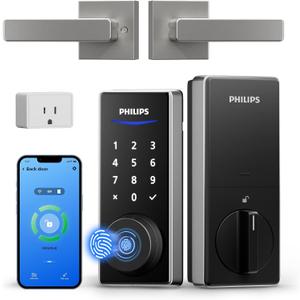 Philips WiFi Smart Lock with Handle, Fingerprint Keyless Entry Door Lock with WiFi Bridge, Smart Locks for Front Door with Handle Set, APP Remote Control, Work with Alexa&Google Assistant, Auto-Lock