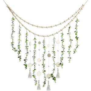Hanging Eucalyptus Boho Wall Decor Large Boho Bedroom Wall Hanging Wooden Bead Garland Artificial Eucalyptus Natural Greenery Decoration, 36 x 36 Inch (Simple Color, Wood Chip Style)