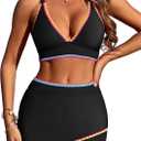 ZAFUL Women's High Waisted Bikini with Skirt Whip Stitch 2 Piece Swimsuits Tummy Control Bathing Suit (X-Large, 0-multi Black)