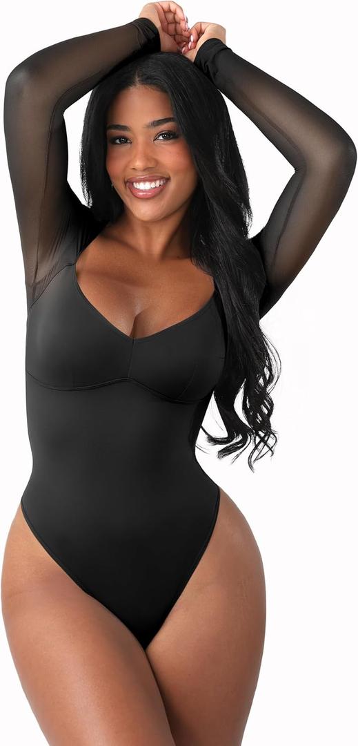 FeelinGirl Long Sleeve Bodysuit for Women Sexy Mesh V Neck Body Suits Thong Corset Top Going Out Outfits for Party (Large, Black)